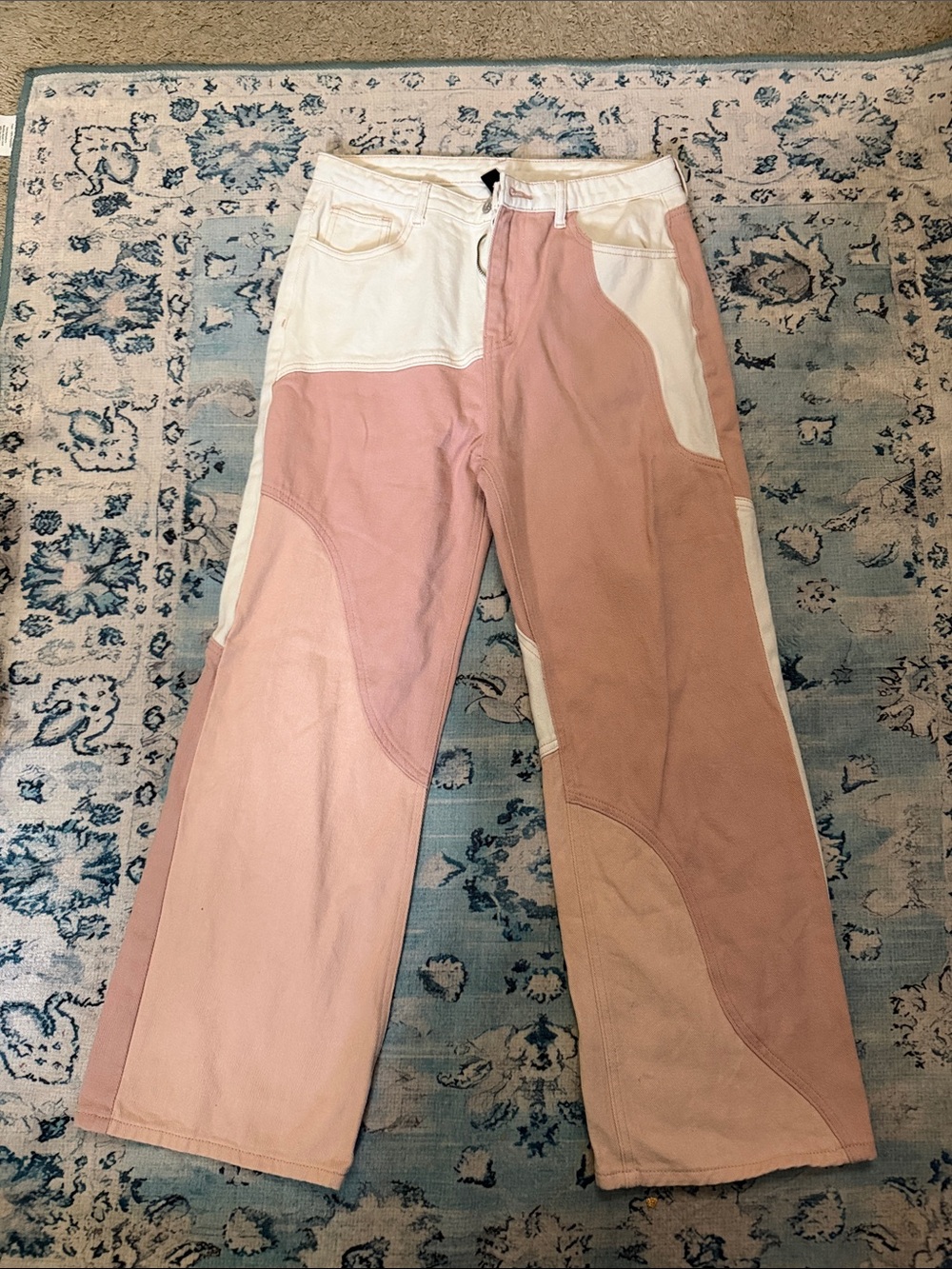 Cider Pink & Cream Patchwork Wide-Leg Jeans